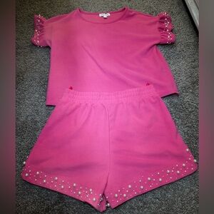 Pink Pearl-Embellished Top and Shorts Set